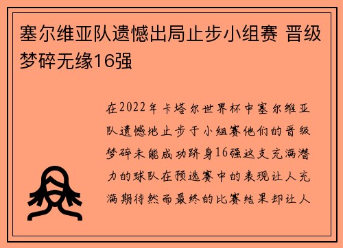 塞尔维亚队遗憾出局止步小组赛 晋级梦碎无缘16强