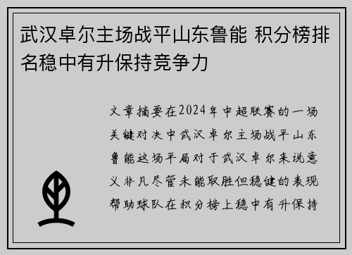 武汉卓尔主场战平山东鲁能 积分榜排名稳中有升保持竞争力