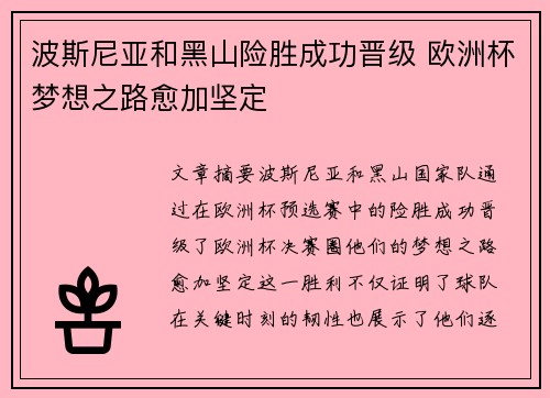 波斯尼亚和黑山险胜成功晋级 欧洲杯梦想之路愈加坚定