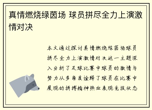 真情燃烧绿茵场 球员拼尽全力上演激情对决
