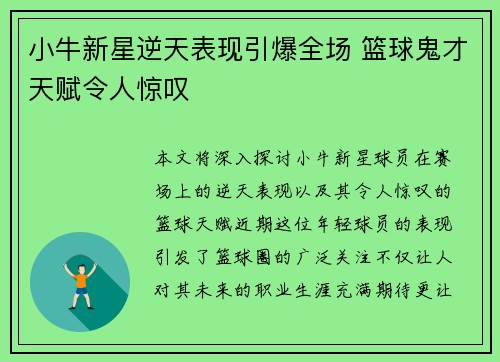小牛新星逆天表现引爆全场 篮球鬼才天赋令人惊叹