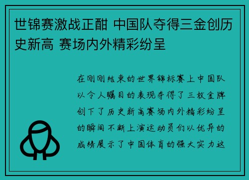 世锦赛激战正酣 中国队夺得三金创历史新高 赛场内外精彩纷呈
