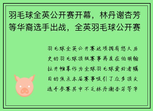 羽毛球全英公开赛开幕，林丹谢杏芳等华裔选手出战，全英羽毛球公开赛中国