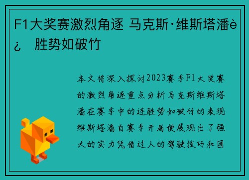 F1大奖赛激烈角逐 马克斯·维斯塔潘连胜势如破竹